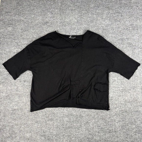 Fenini Tops - Fenini Top Womens M Black Asymmetric Raw Hem Pocket Short Sleeve USA Made Cotton